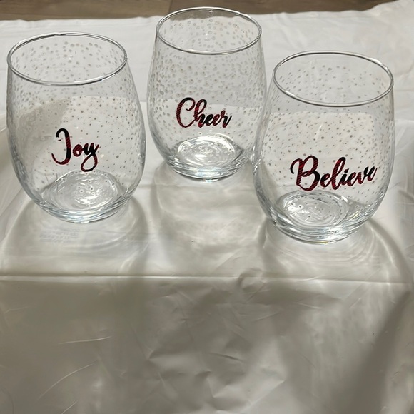 Other - Holiday S/3 stemless wine glasses 3” opening and 5” tall: Joy, Believe, Cheer